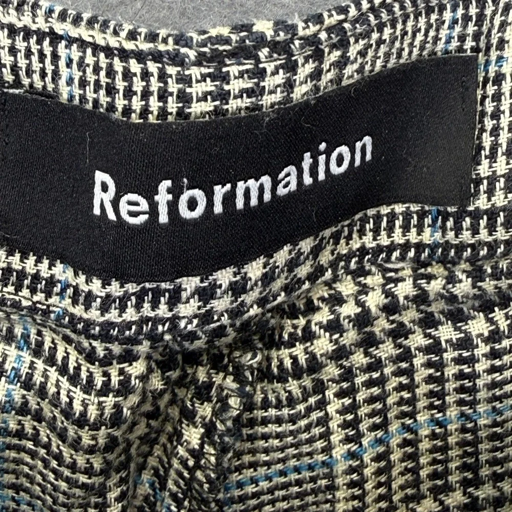 Reformation 100% Linen Wide Leg Plaid Pants‎ Black White Blue Size 2 High Rise